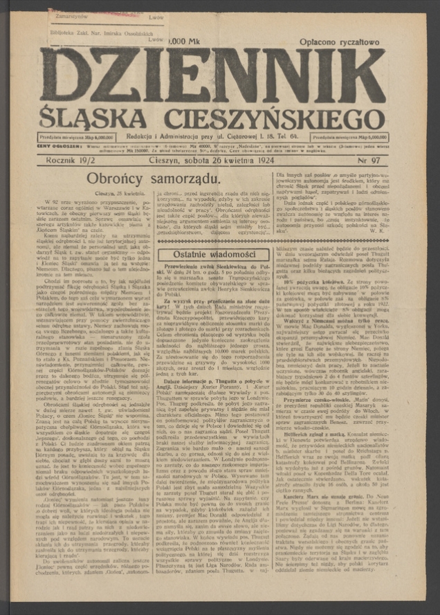 Dziennik Śląska Cieszyńskiego. Rocznik&nbsp;19/2, 1924, numer&nbsp;97