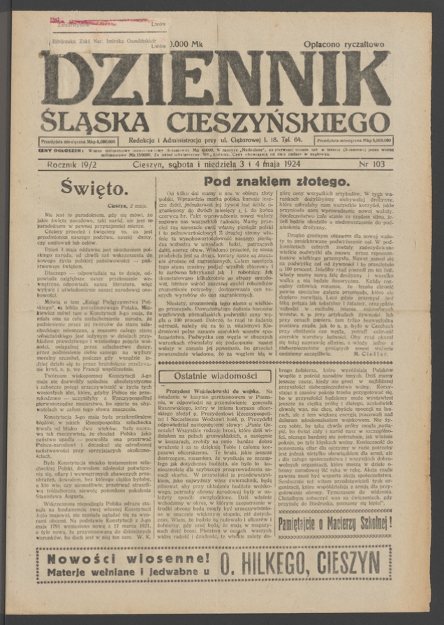 Dziennik Śląska Cieszyńskiego. Rocznik&nbsp;19/2, 1924, numer&nbsp;103