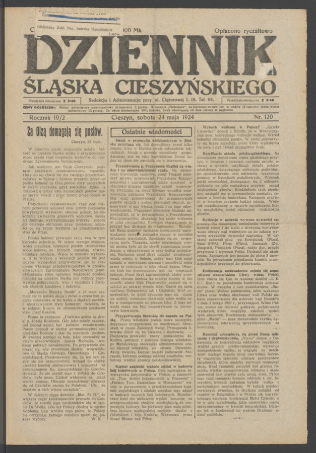 Dziennik Śląska Cieszyńskiego. Rocznik&nbsp;19/2, 1924, numer&nbsp;120