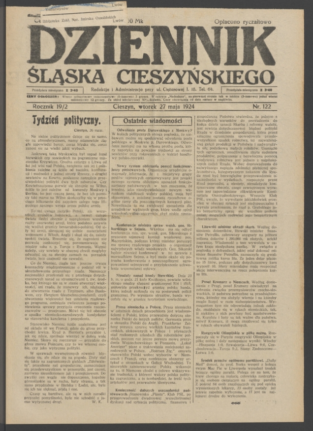 Dziennik Śląska Cieszyńskiego. Rocznik&nbsp;19/2, 1924, numer&nbsp;122