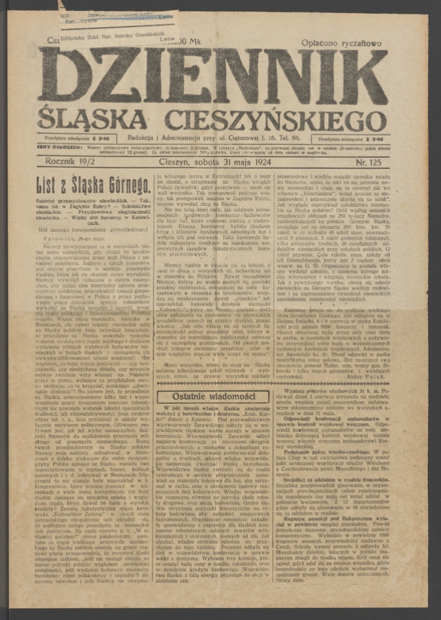 Dziennik Śląska Cieszyńskiego. Rocznik&nbsp;19/2, 1924, numer&nbsp;125