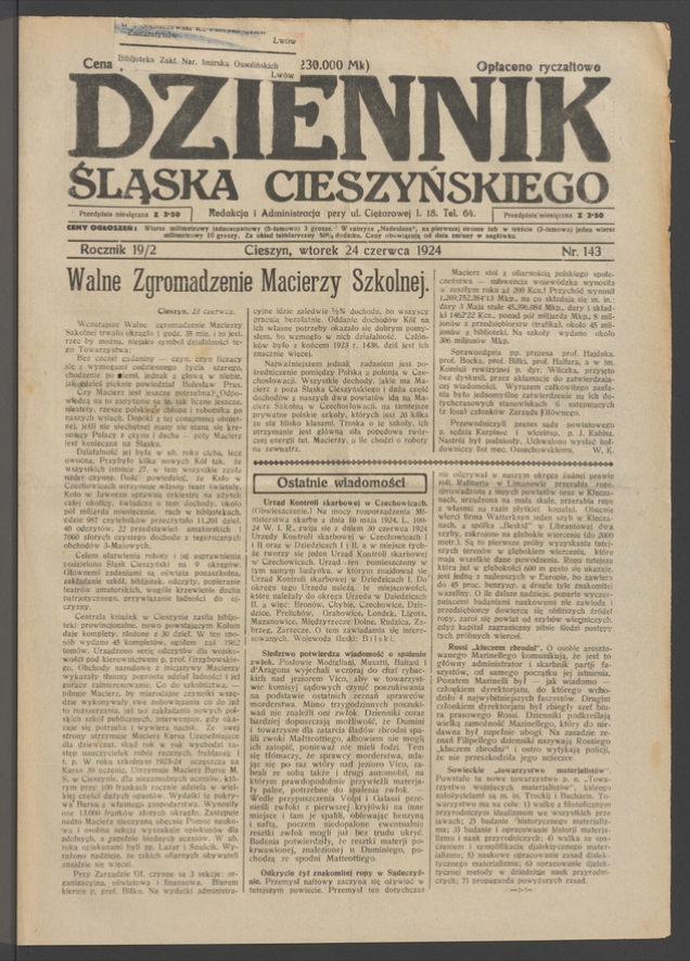 Dziennik Śląska Cieszyńskiego. Rocznik&nbsp;19/2, 1924, numer&nbsp;143