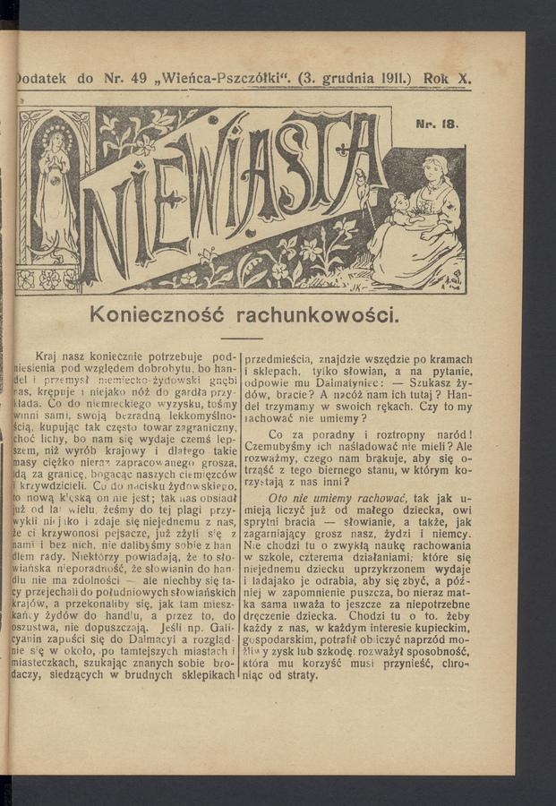 Niewiasta : dodatek do numeru 49 „Wieńca-Pszczółki”. Rok 11, 1911, numer 18