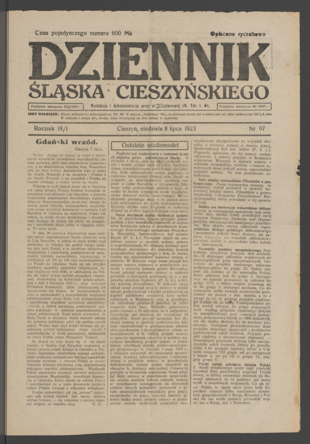 Dziennik Śląska Cieszyńskiego. Rocznik&nbsp;18/1, 1923, numer&nbsp;97
