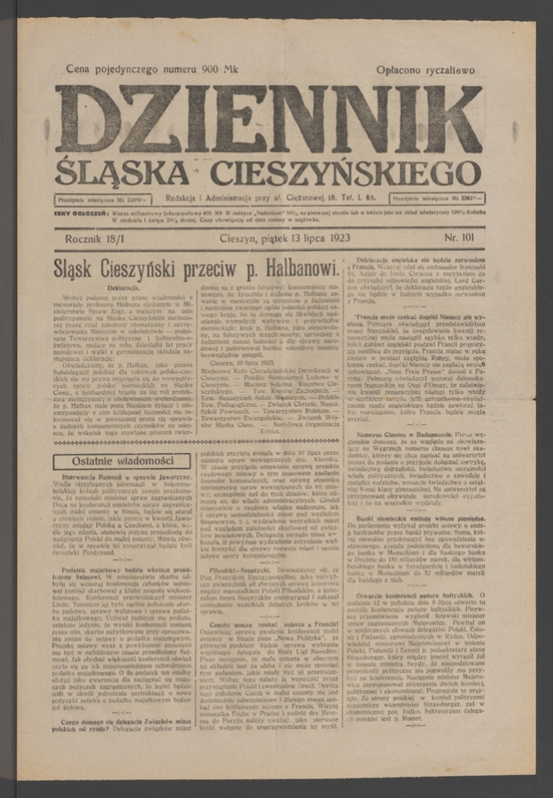 Dziennik Śląska Cieszyńskiego. Rocznik&nbsp;18/1, 1923, numer&nbsp;101