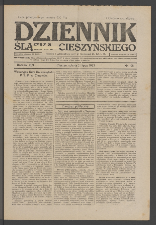 Dziennik Śląska Cieszyńskiego. Rocznik&nbsp;18/1, 1923, numer&nbsp;108