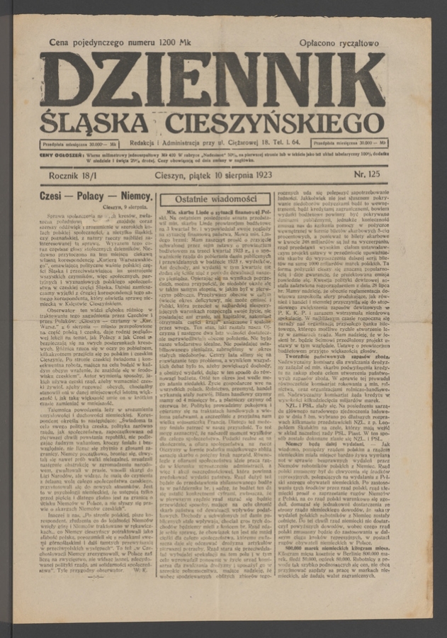 Dziennik Śląska Cieszyńskiego. Rocznik&nbsp;18/1, 1923, numer&nbsp;125