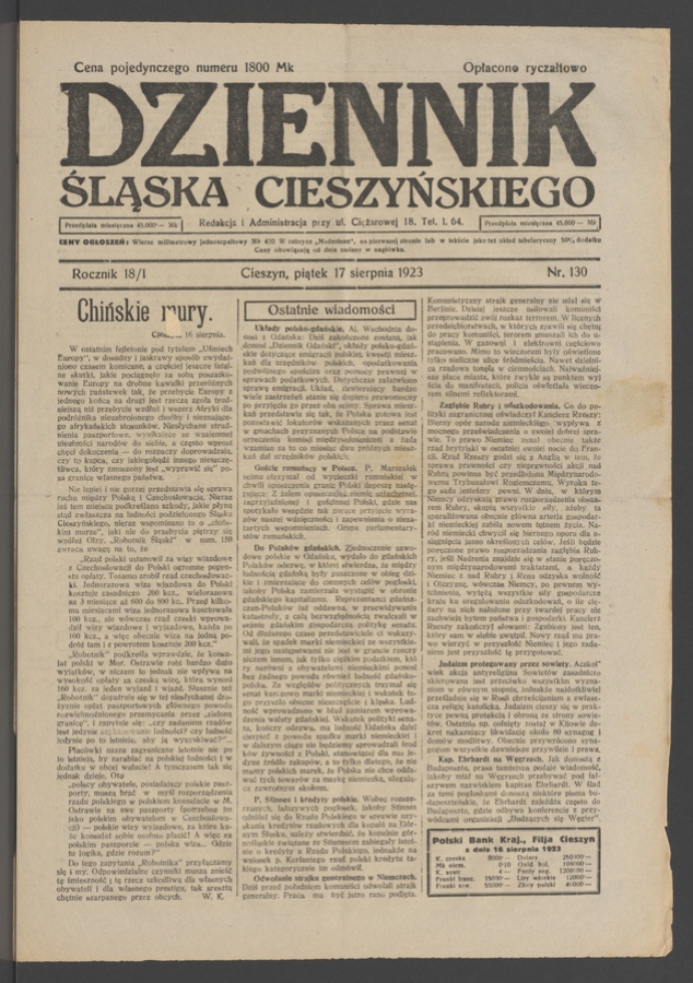 Dziennik Śląska Cieszyńskiego. Rocznik&nbsp;18/1, 1923, numer&nbsp;130