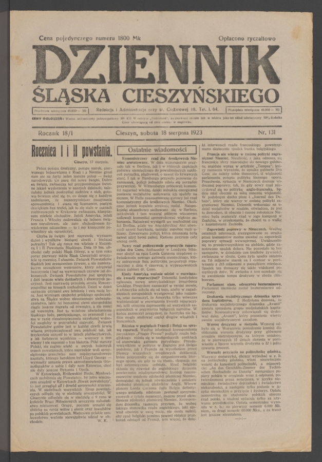 Dziennik Śląska Cieszyńskiego. Rocznik&nbsp;18/1, 1923, numer&nbsp;131