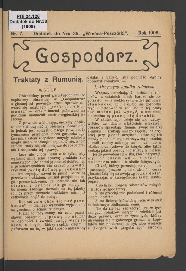 Gospodarz : dodatek do numeru 38 „Wieńca-Pszczółki”. 1909, numer 7