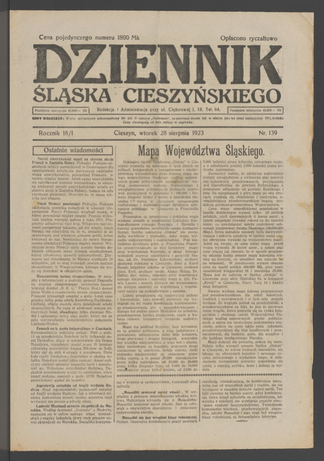 Dziennik Śląska Cieszyńskiego. Rocznik&nbsp;18/1, 1923, numer&nbsp;139