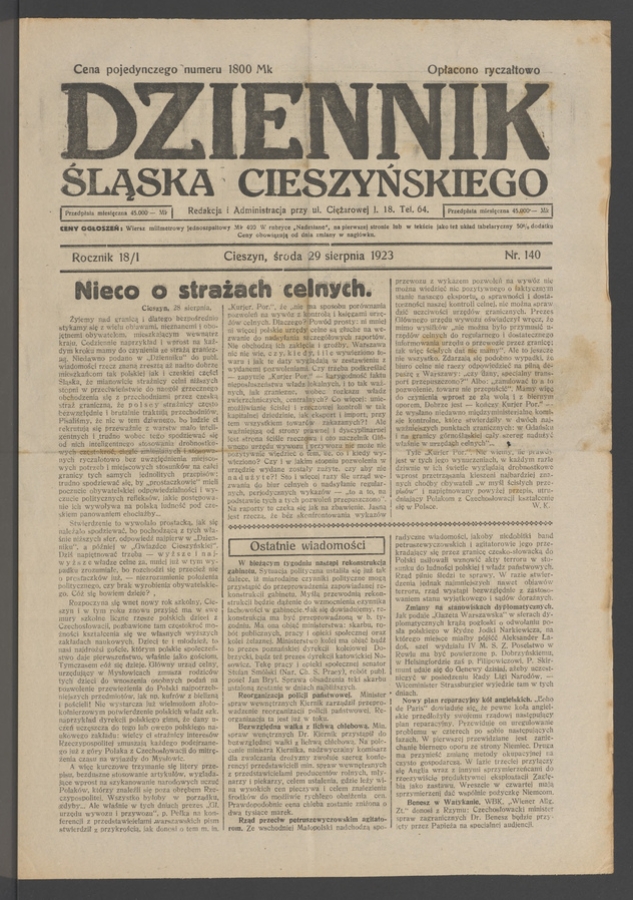 Dziennik Śląska Cieszyńskiego. Rocznik&nbsp;18/1, 1923, numer&nbsp;140