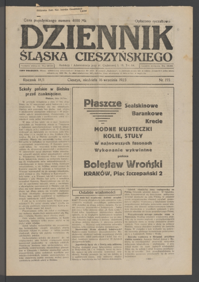 Dziennik Śląska Cieszyńskiego. Rocznik&nbsp;18/1, 1923, numer&nbsp;155
