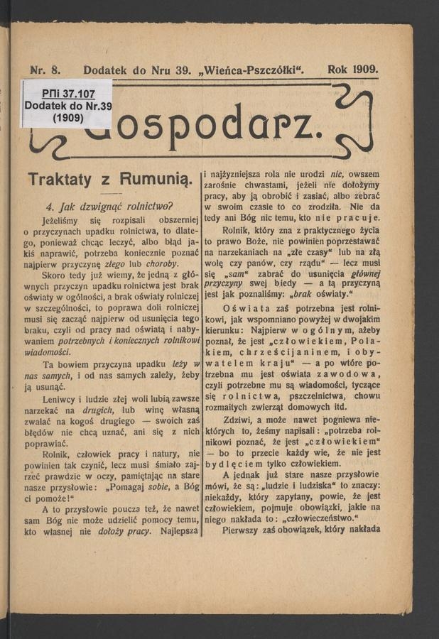 Gospodarz : dodatek do numeru 39 „Wieńca-Pszczółki”. 1909, numer 8