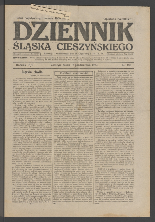 Dziennik Śląska Cieszyńskiego. Rocznik&nbsp;18/1, 1923, numer&nbsp;180
