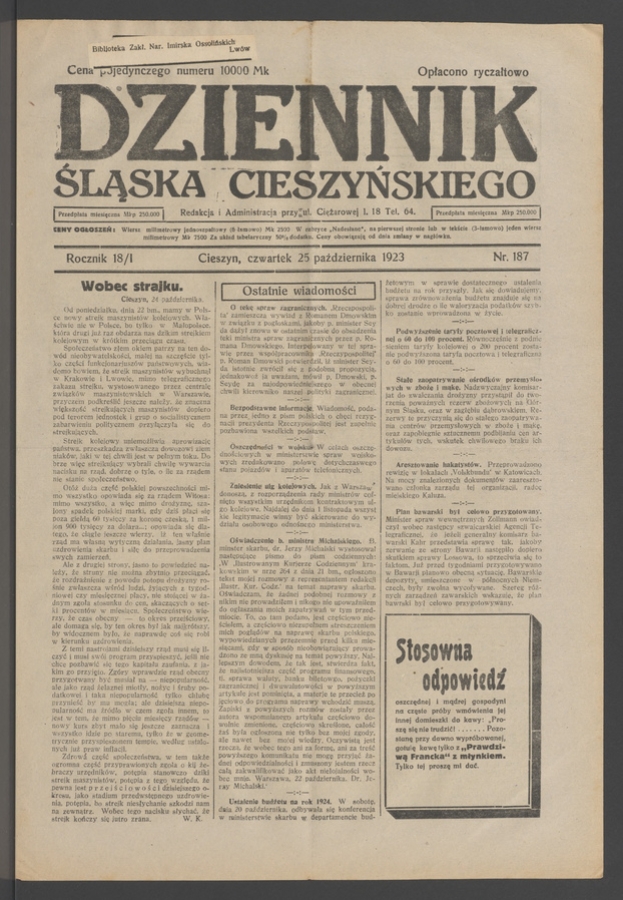 Dziennik Śląska Cieszyńskiego. Rocznik&nbsp;18/1, 1923, numer&nbsp;187