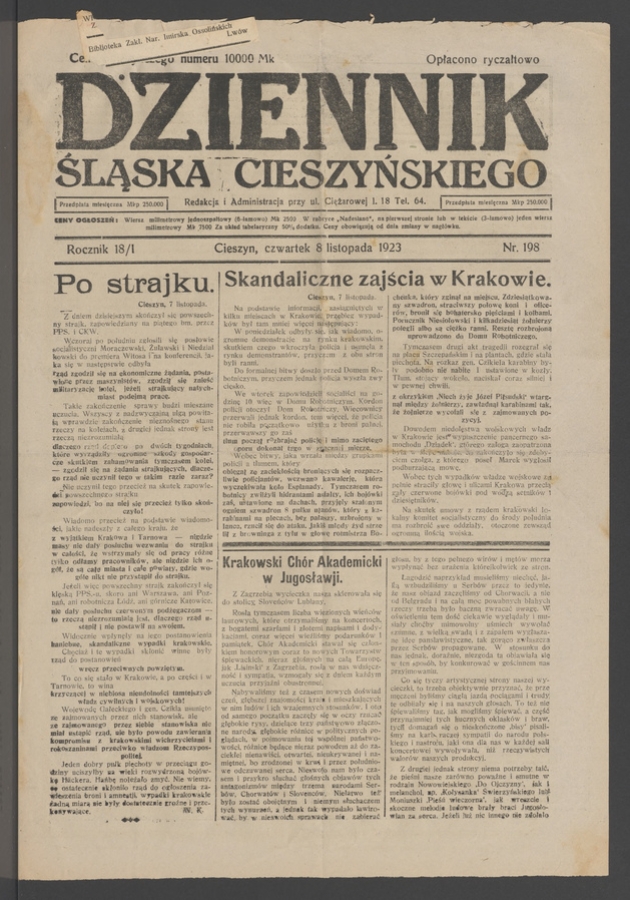 Dziennik Śląska Cieszyńskiego. Rocznik&nbsp;18/1, 1923, numer&nbsp;198