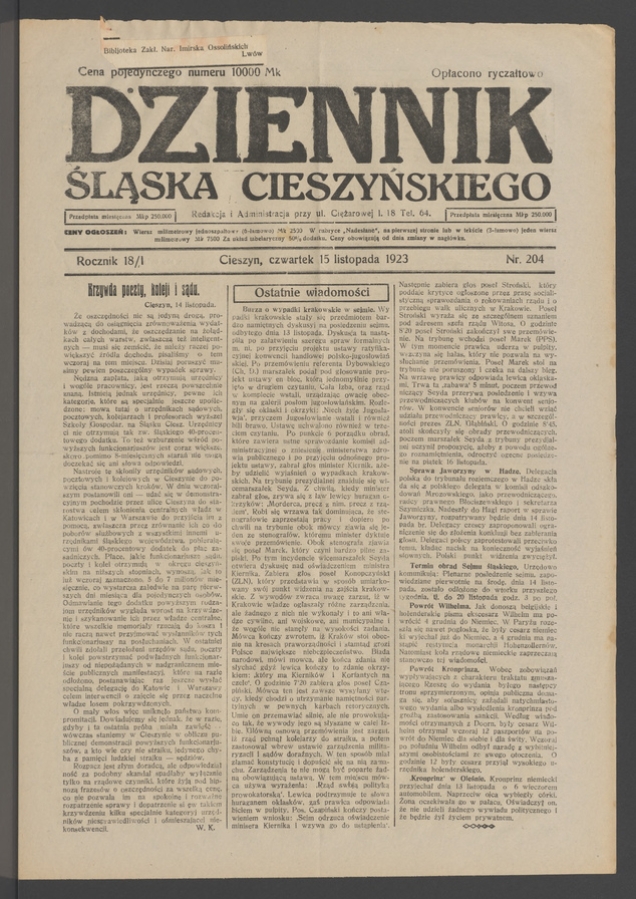 Dziennik Śląska Cieszyńskiego. Rocznik&nbsp;18/1, 1923, numer&nbsp;204