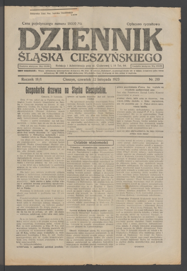 Dziennik Śląska Cieszyńskiego. Rocznik&nbsp;18/1, 1923, numer&nbsp;210