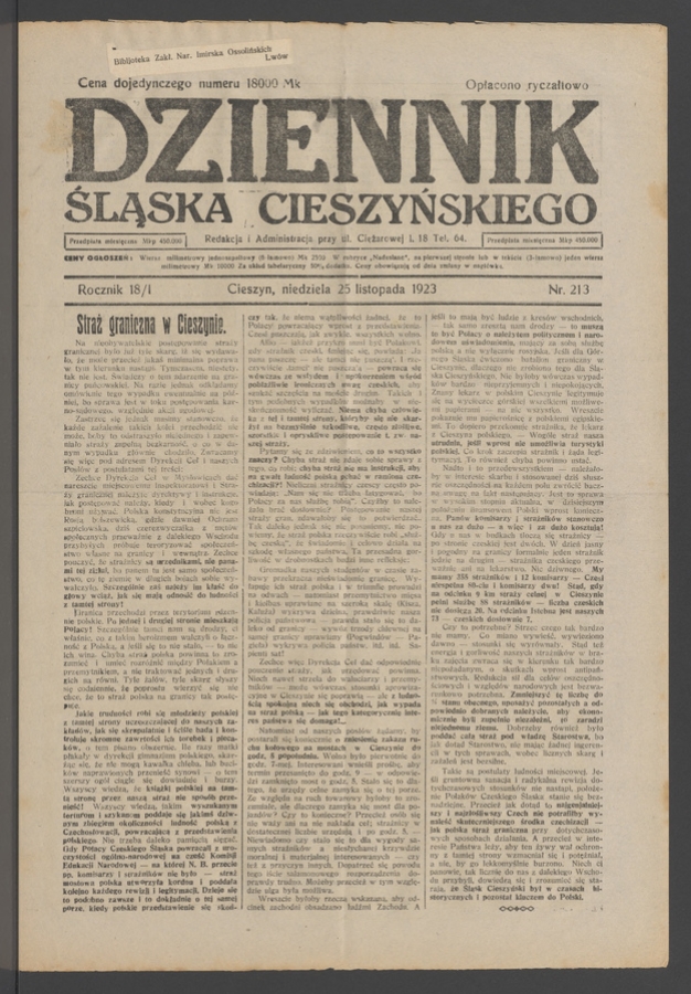 Dziennik Śląska Cieszyńskiego. Rocznik&nbsp;18/1, 1923, numer&nbsp;213