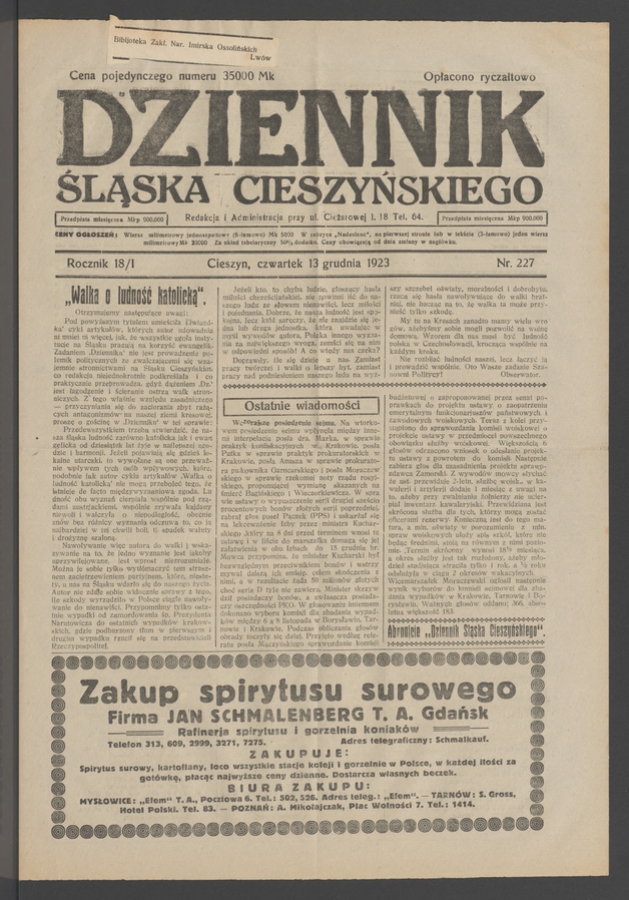 Dziennik Śląska Cieszyńskiego. Rocznik&nbsp;18/1, 1923, numer&nbsp;227