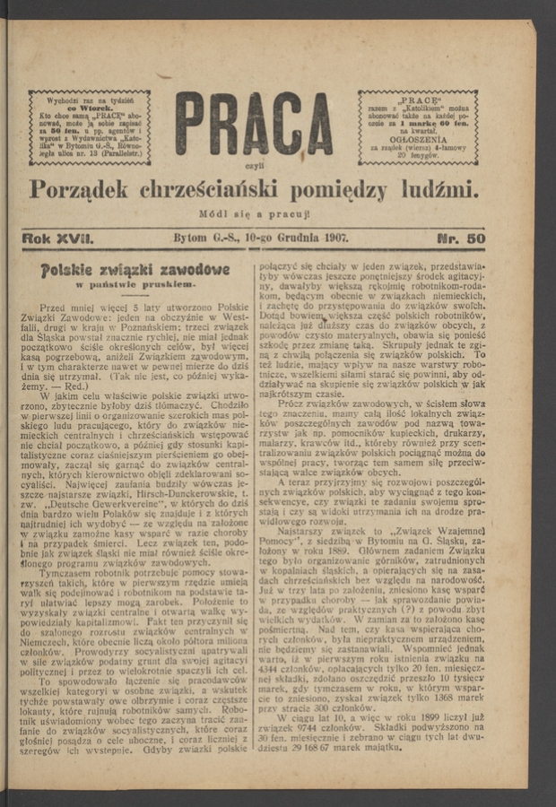 Praca,&nbsp;Czyli Porządek Chrześciański Pomiędzy Ludźmi. Rok&nbsp;17, 1907, numer&nbsp;50
