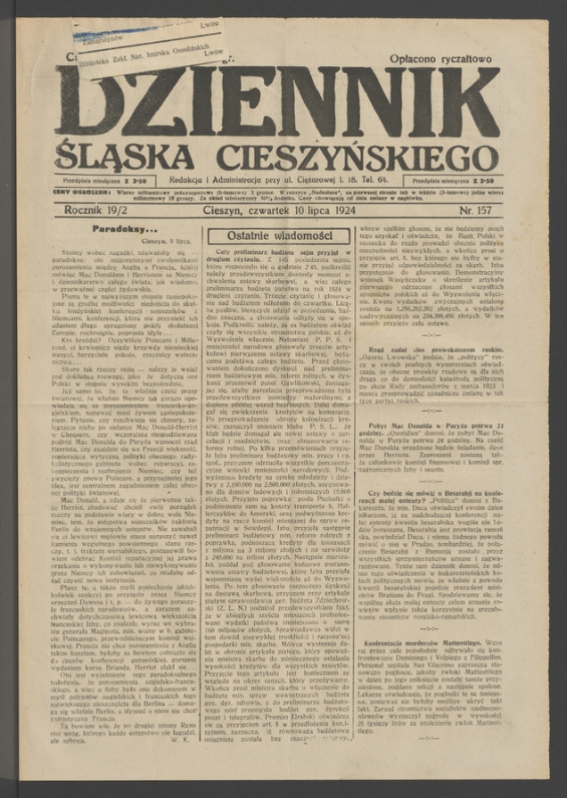 Dziennik Śląska Cieszyńskiego. Rocznik&nbsp;19/2, 1924, numer&nbsp;157