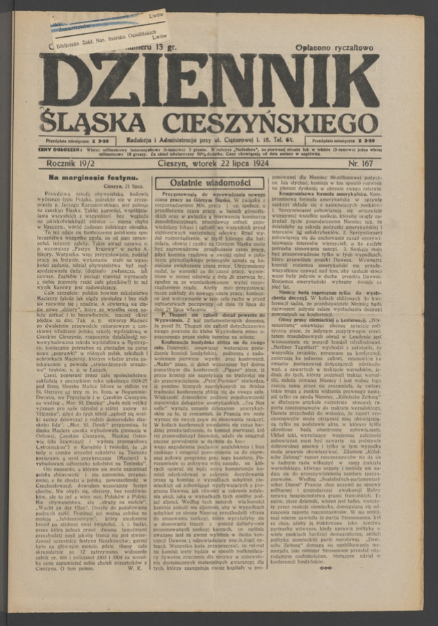 Dziennik Śląska Cieszyńskiego. Rocznik&nbsp;19/2, 1924, numer&nbsp;167