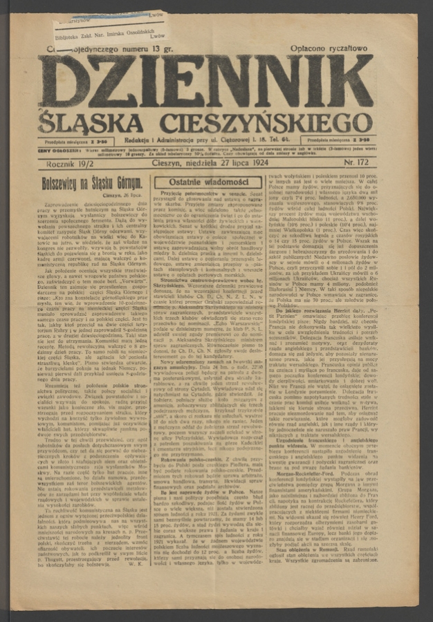Dziennik Śląska Cieszyńskiego. Rocznik&nbsp;19/2, 1924, numer&nbsp;172
