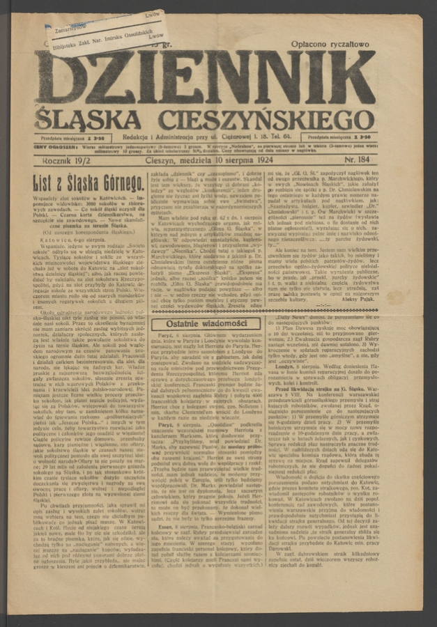 Dziennik Śląska Cieszyńskiego. Rocznik&nbsp;19/2, 1924, numer&nbsp;184