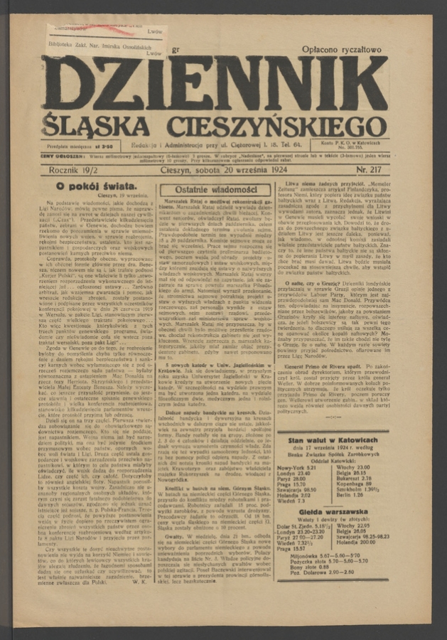 Dziennik Śląska Cieszyńskiego. Rocznik&nbsp;19/2, 1924, numer&nbsp;217