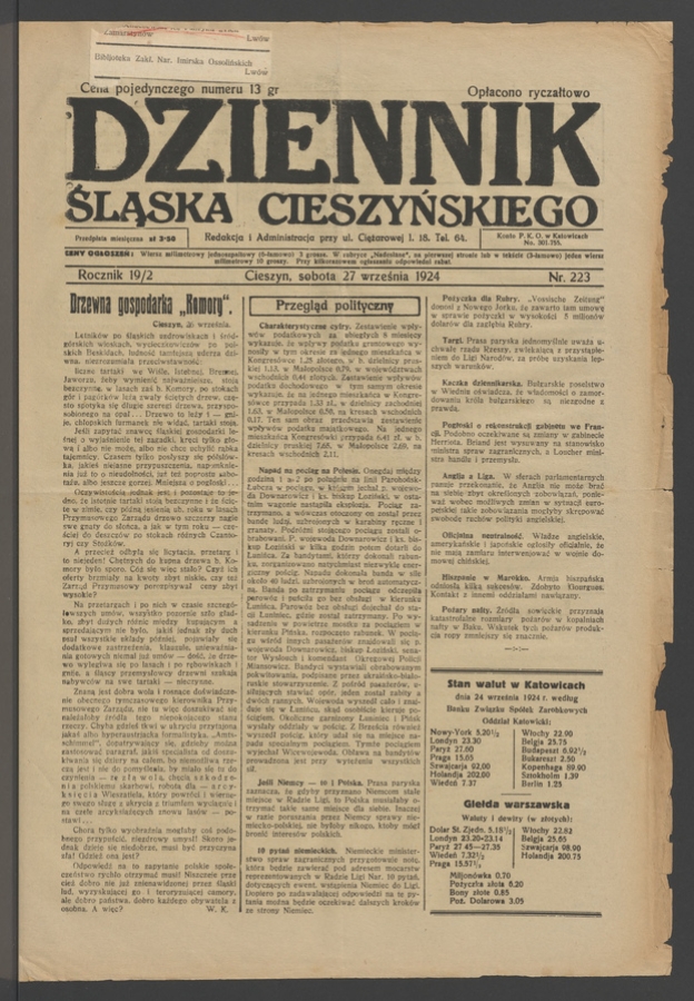 Dziennik Śląska Cieszyńskiego. Rocznik&nbsp;19/2, 1924, numer&nbsp;223