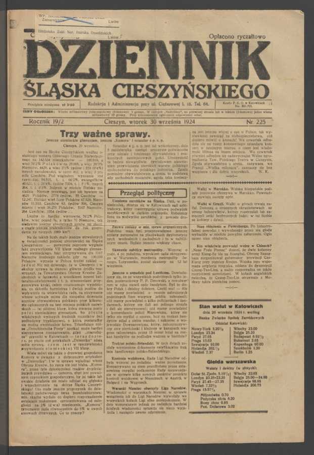 Dziennik Śląska Cieszyńskiego. Rocznik&nbsp;19/2, 1924, numer&nbsp;225