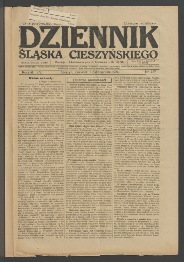 Dziennik Śląska Cieszyńskiego. Rocznik&nbsp;19/2, 1924, numer&nbsp;227