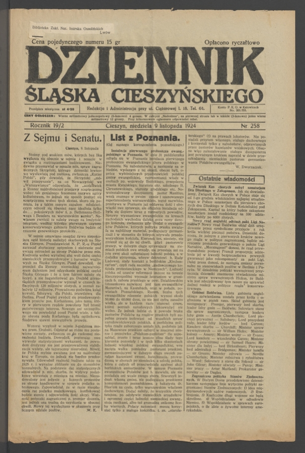 Dziennik Śląska Cieszyńskiego. Rocznik&nbsp;19/2, 1924, numer&nbsp;258