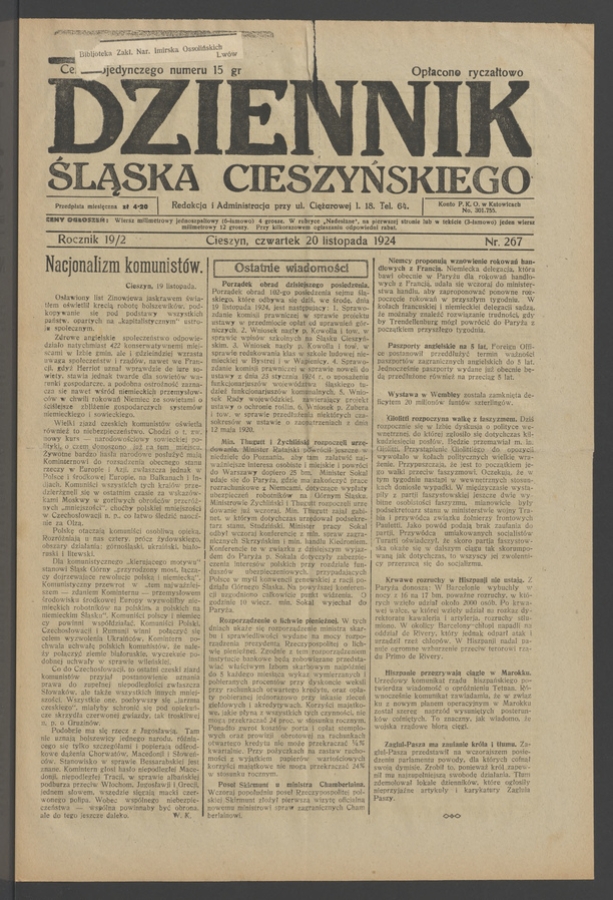 Dziennik Śląska Cieszyńskiego. Rocznik&nbsp;19/2, 1924, numer&nbsp;267