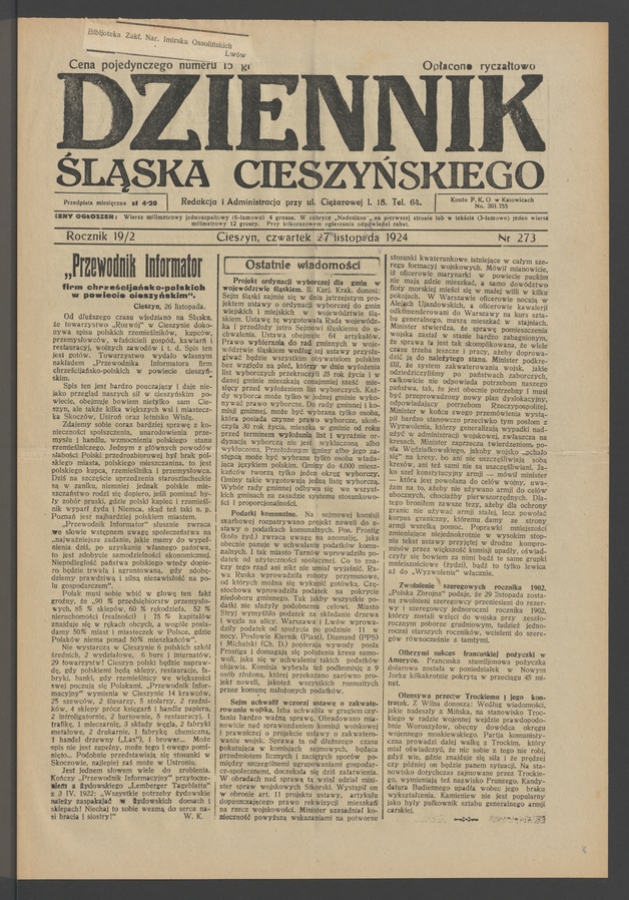 Dziennik Śląska Cieszyńskiego. Rocznik&nbsp;19/2, 1924, numer&nbsp;273