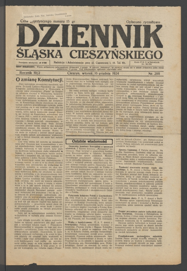 Dziennik Śląska Cieszyńskiego. Rocznik&nbsp;19/2, 1924, numer&nbsp;288
