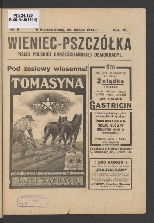 Wieniec-Pszcz&oacute;łka&nbsp;: pismo polskiej chrześcijańskiej demokracyi. Rok&nbsp;40, 1914, numer&nbsp;8