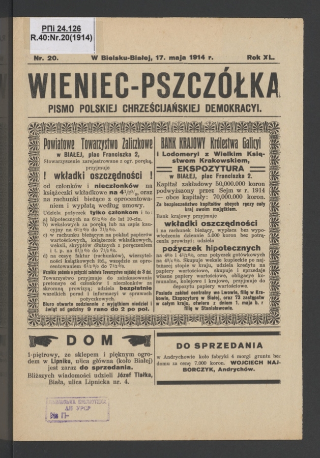 Wieniec-Pszcz&oacute;łka&nbsp;: pismo polskiej chrześcijańskiej demokracyi. Rok&nbsp;40, 1914, numer&nbsp;20