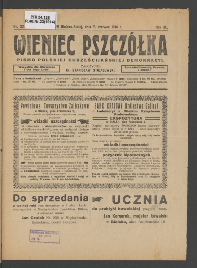 Wieniec-Pszcz&oacute;łka&nbsp;: pismo polskiej chrześcijańskiej demokracyi. Rok&nbsp;40, 1914, numer&nbsp;23