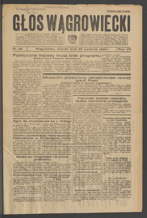 Głos Wągrowiecki. Rok 8, 1933, numer 49