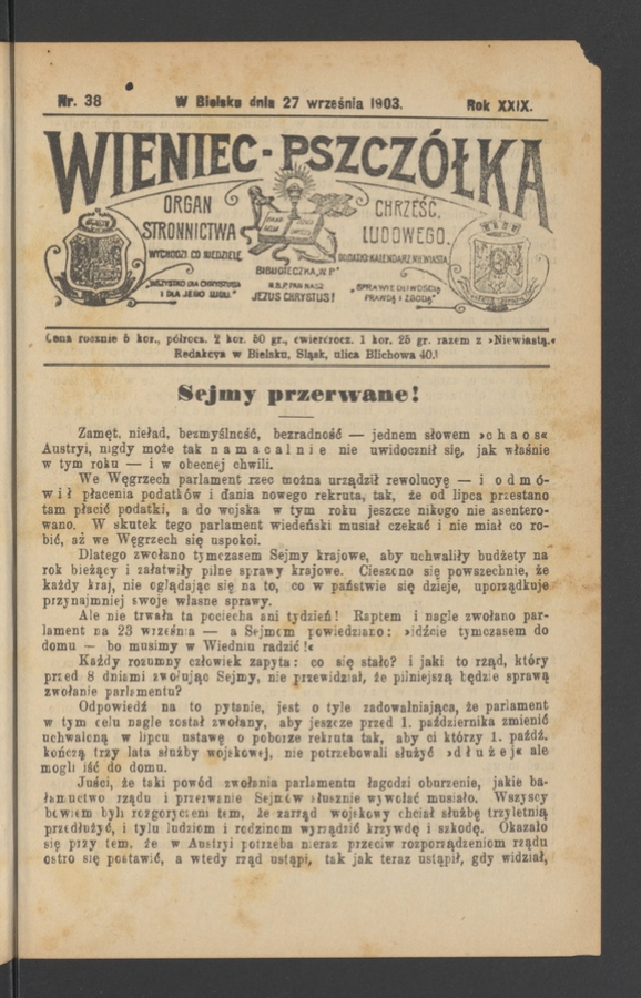 Wieniec-Pszcz&oacute;łka&nbsp;: organ Stronnictwa Chrześcijańsko-Ludowego. Rok&nbsp;29, 1903, numer&nbsp;38