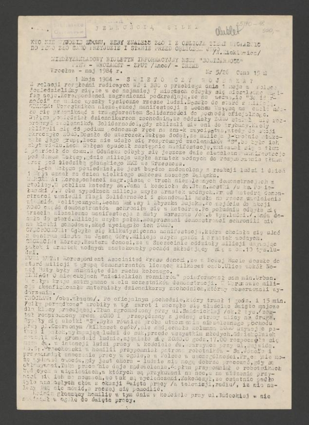 Jednością Silni&nbsp;: międzyzakładowy biuletyn informacyjny NSZZ &bdquo;Solidarność&rdquo; PTHW-Wrozamet-ZPUT (Inco)-ZREMB. 1984, numer&nbsp;5&nbsp;(27)