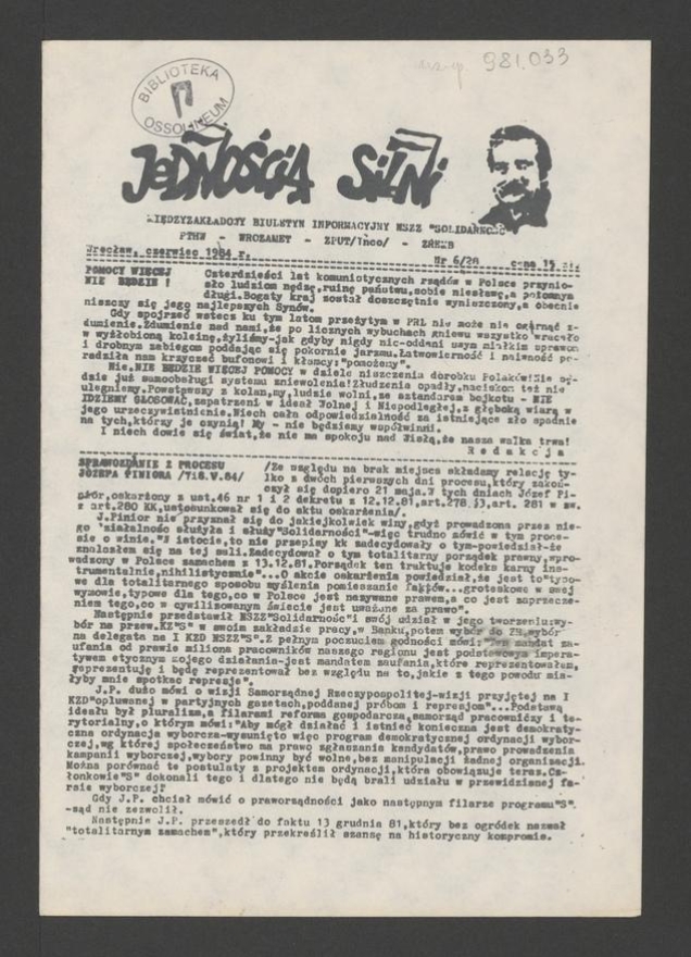 Jednością Silni&nbsp;: międzyzakładowy biuletyn informacyjny NSZZ &bdquo;Solidarność&rdquo; PTHW-Wrozamet-ZPUT (Inco)-ZREMB. 1984, numer&nbsp;6&nbsp;(28)