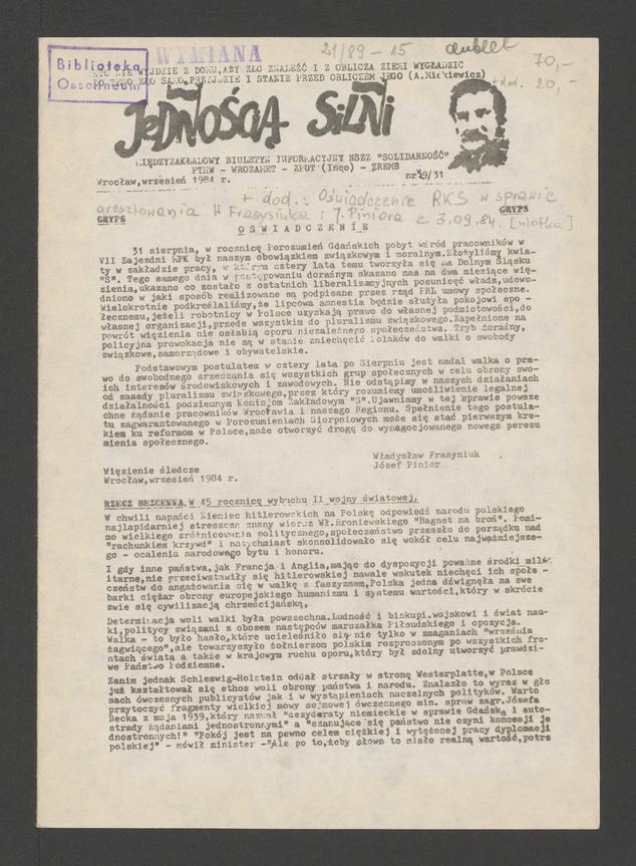 Jednością Silni&nbsp;: międzyzakładowy biuletyn informacyjny NSZZ &bdquo;Solidarność&rdquo; PTHW-Wrozamet-ZPUT (Inco)-ZREMB. 1984, numer&nbsp;9&nbsp;(31)