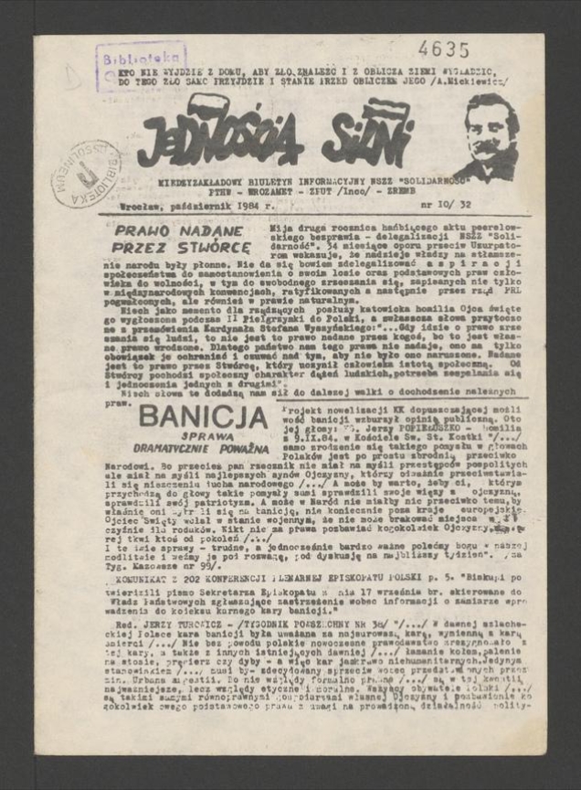 Jednością Silni&nbsp;: międzyzakładowy biuletyn informacyjny NSZZ &bdquo;Solidarność&rdquo; PTHW-Wrozamet-ZPUT (Inco)-ZREMB. 1984, numer&nbsp;10&nbsp;(32)