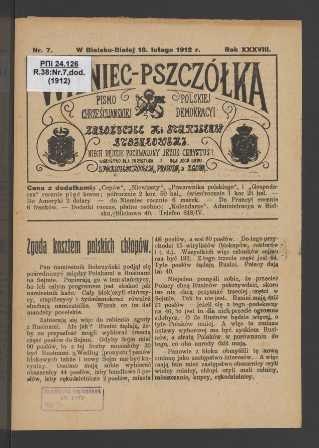 Wieniec-Pszcz&oacute;łka&nbsp;: pismo polskiej chrześcijańskiej demokracyi. Rok&nbsp;38, 1912, numer&nbsp;7