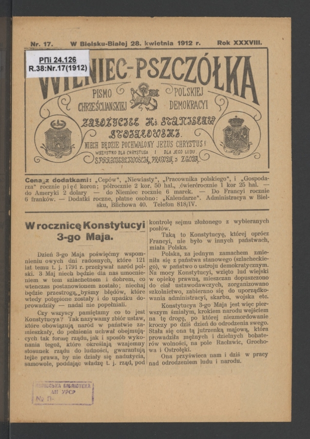 Wieniec-Pszcz&oacute;łka&nbsp;: pismo polskiej chrześcijańskiej demokracyi. Rok&nbsp;38, 1912, numer&nbsp;17
