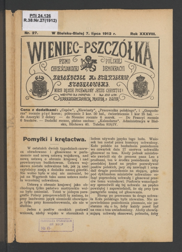Wieniec-Pszcz&oacute;łka&nbsp;: pismo polskiej chrześcijańskiej demokracyi. Rok&nbsp;38, 1912, numer&nbsp;27